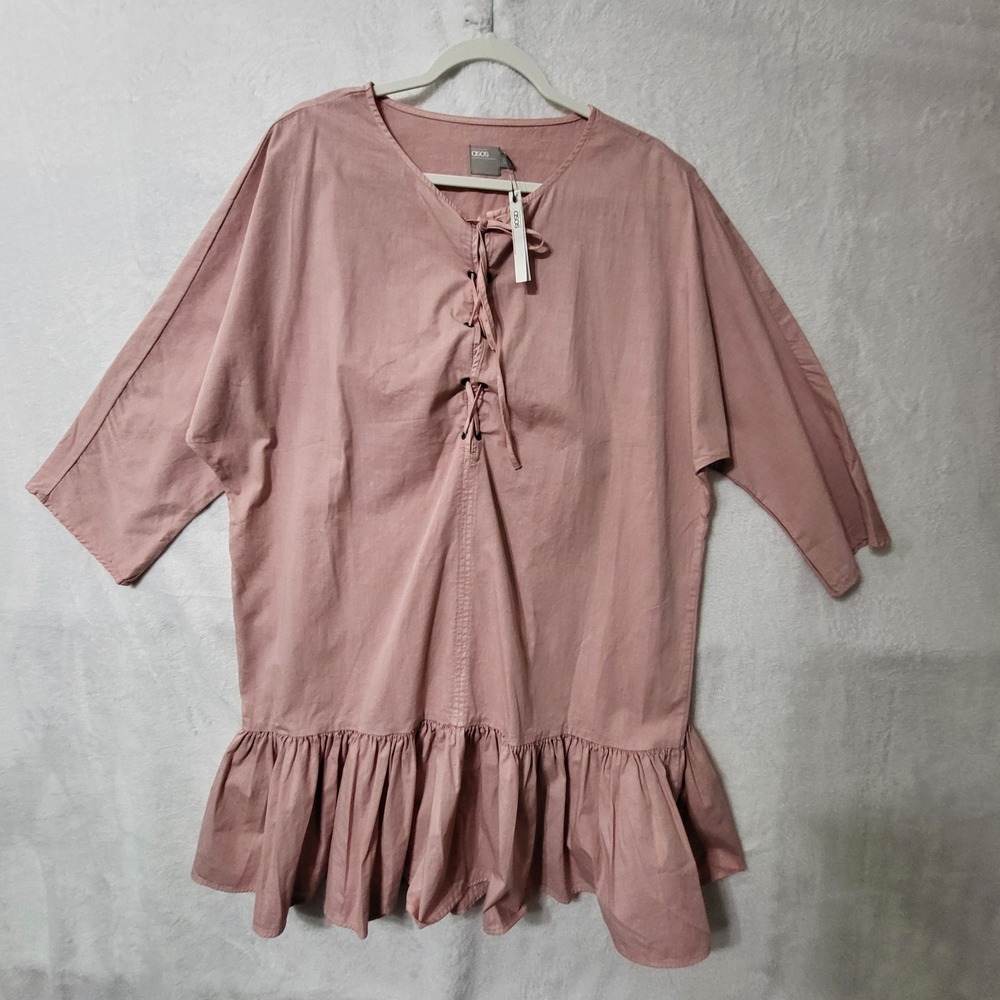 ASOS Pink Cotton Dress Ruffle‎ Hem Tie Neck Casual Oversized US 14